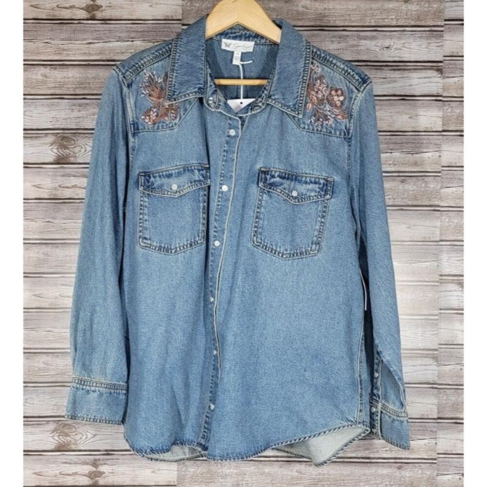 Womens Relaxed Fit Denim Shirt Jessica Simpson Snap Front Embroidered Size: XL